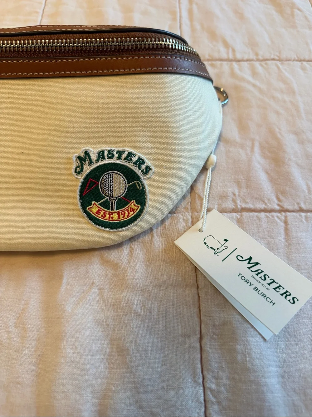 NWT Masters by Tory Burch Cream Canvas Belt Bag with Brown Trim and Green Patch